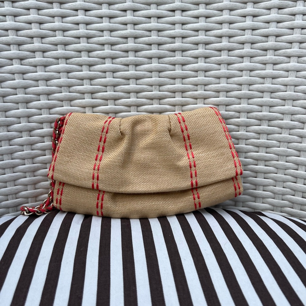 Henri Bendel Woven Clutch with Hot Pink Stitching